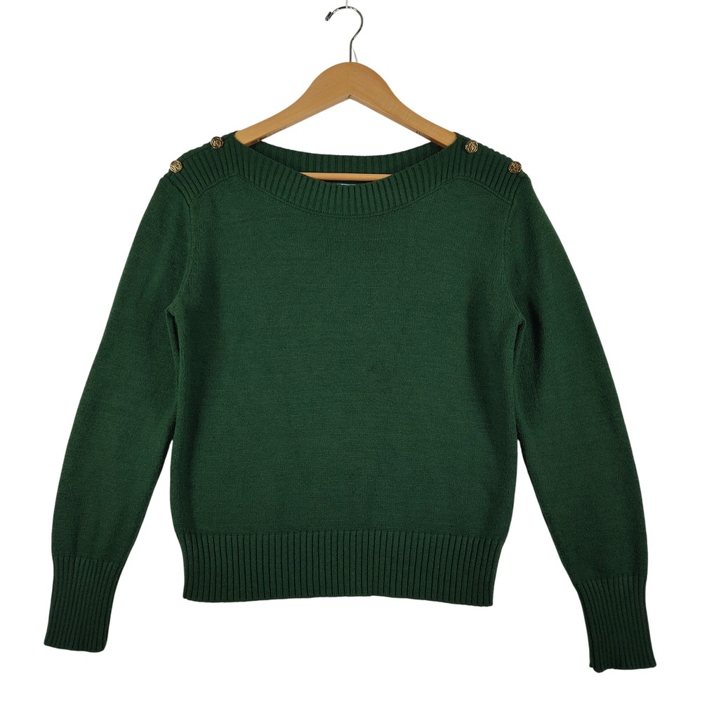 Draper James Womens Emerald Green Button Shoulder Crew Neck Sweater
